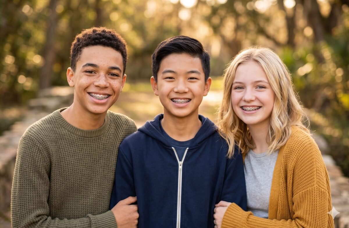 Trois adolescents souriants portant des appareils dentaires orthodontiques en Normandie.